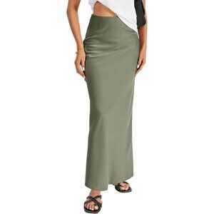 Womens Grass Green Elegant Satin Silky High Waist Zipper Flowy A Line Maxi Skirt